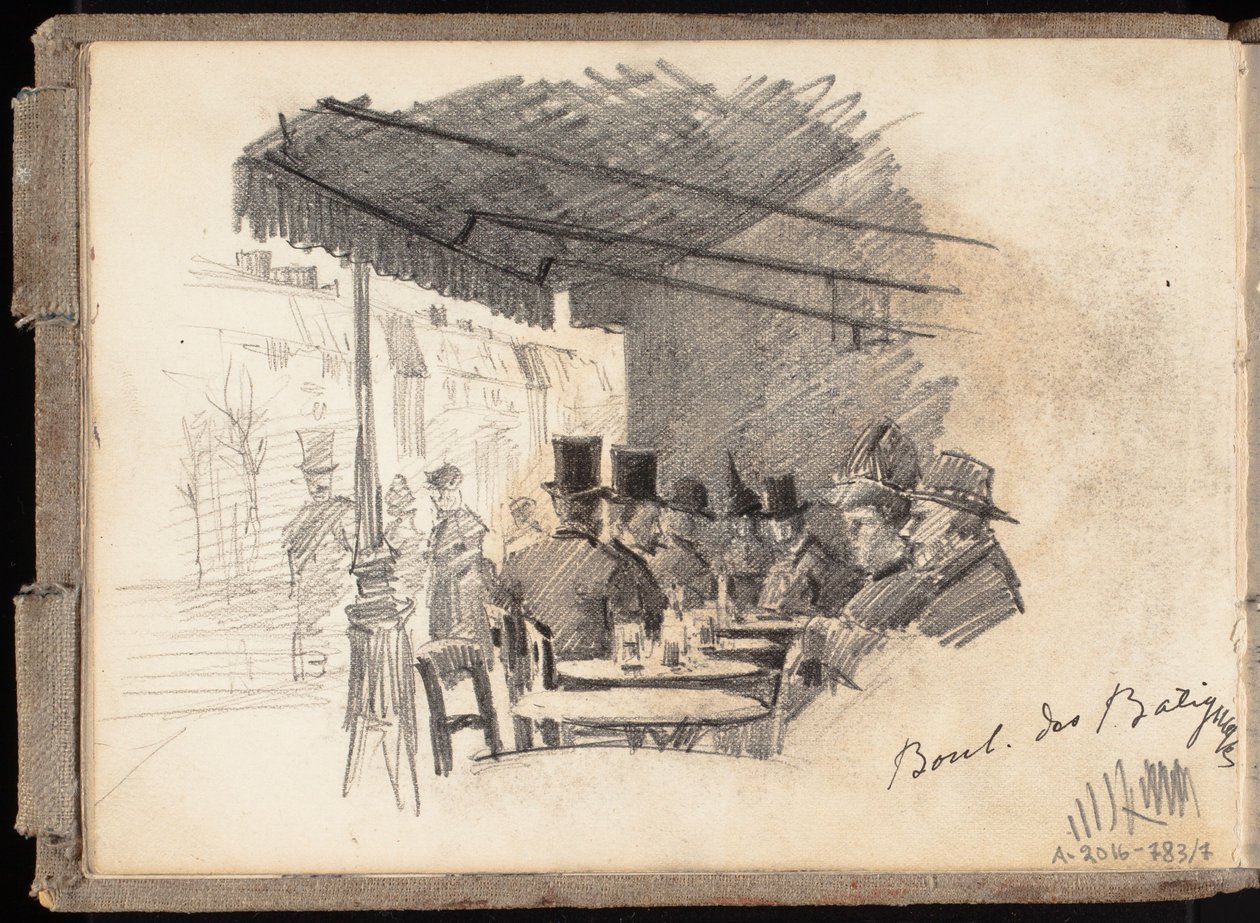 Cafetería al aire libre en París, en el Boulevard des Batignolles; página del cuaderno de bocetos de Järnefelt de Eero Järnefelt