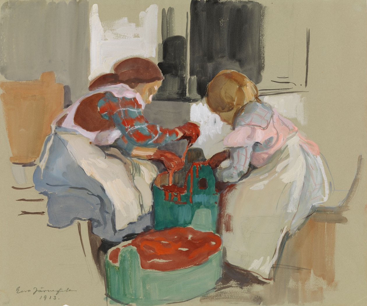Dos chicas tiñendo tela de Eero Järnefelt