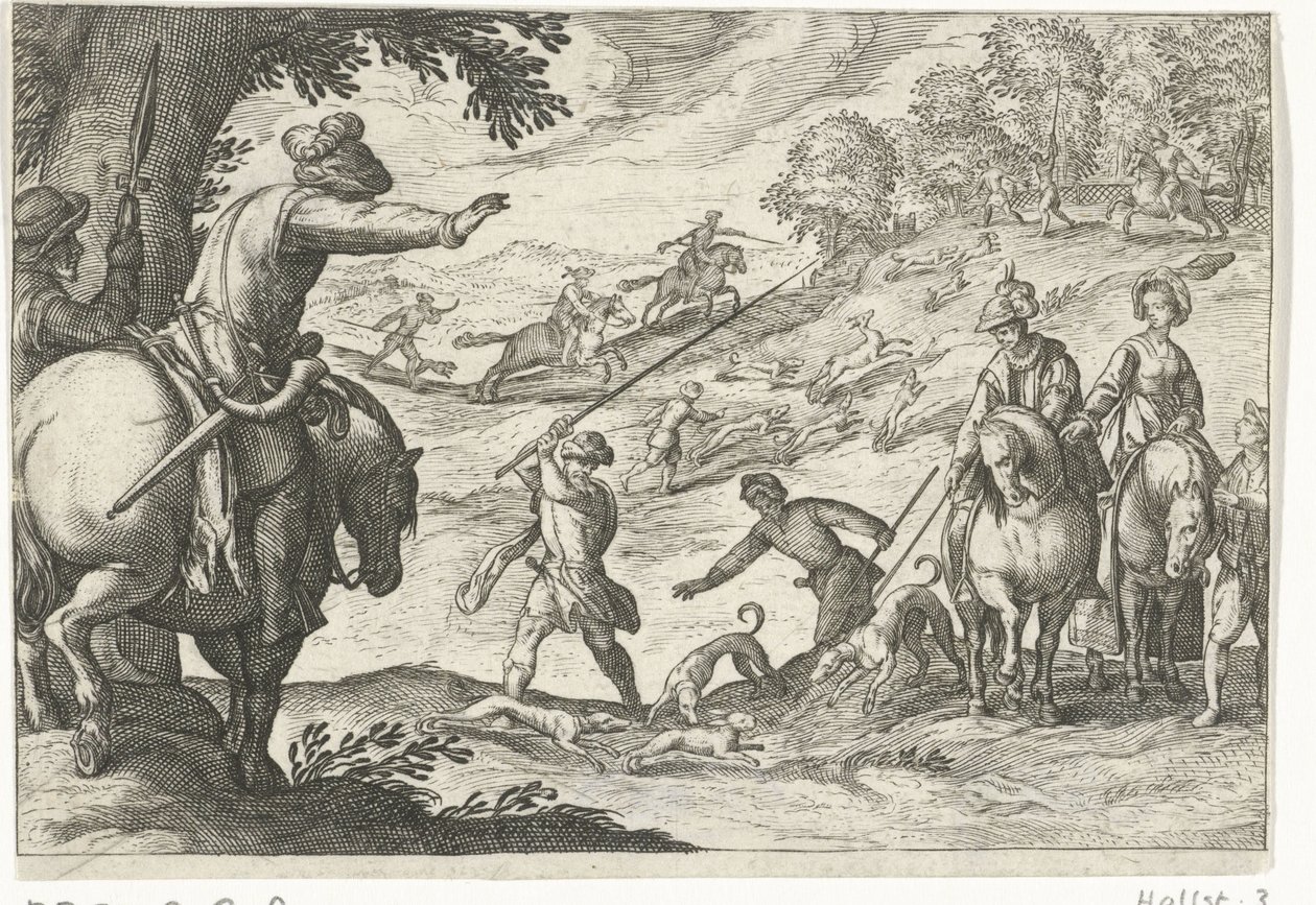 Paisaje con caza de liebres Escenas de caza (título de la serie) Icones Venantum Species Varias Representantes (título de la serie) de Egbert Jansz.