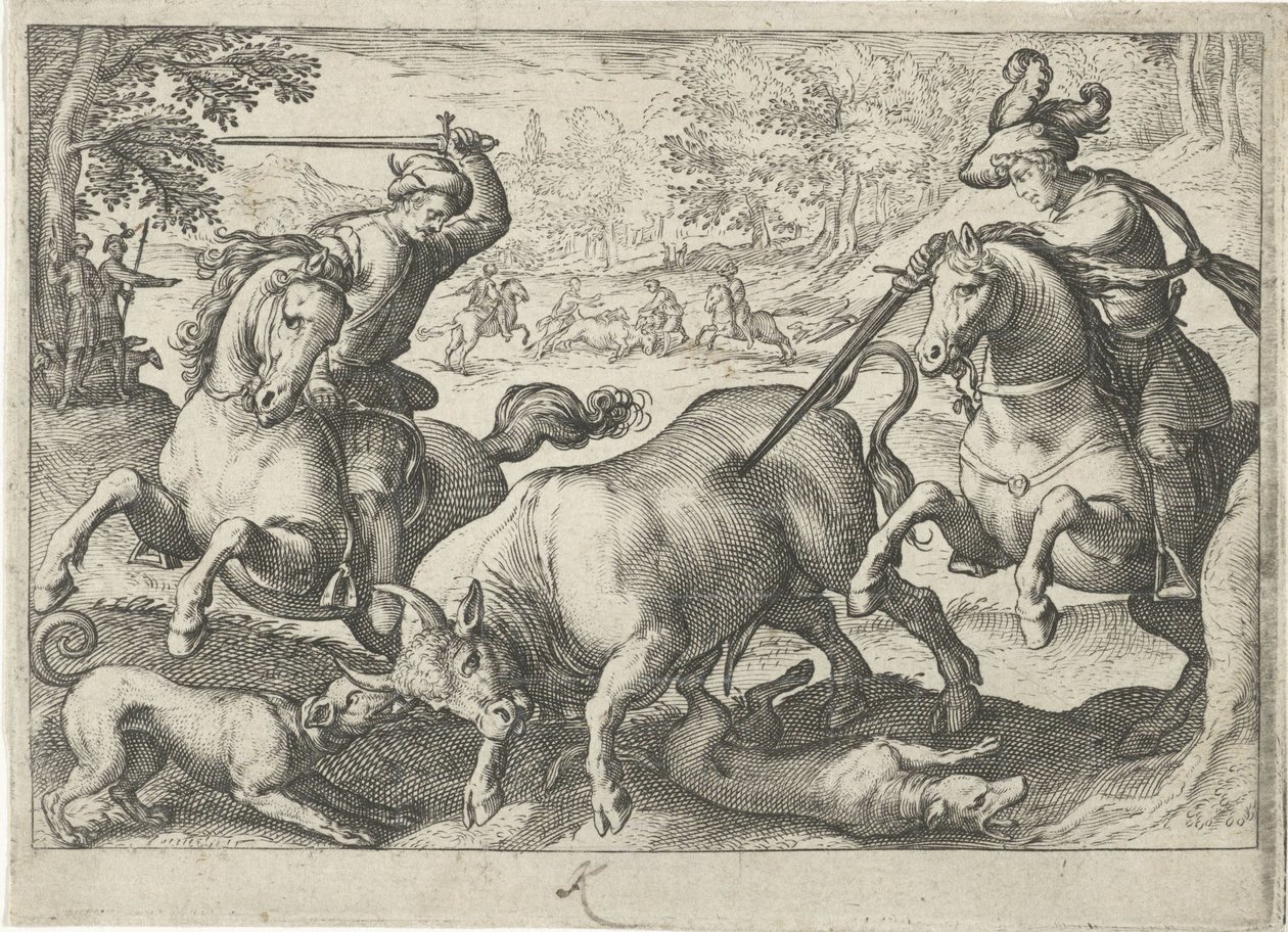Paisaje con caza de toros Escenas de caza (título de la serie) Icones Venantum Species Varias Representantes (título de la serie) de Egbert Jansz.