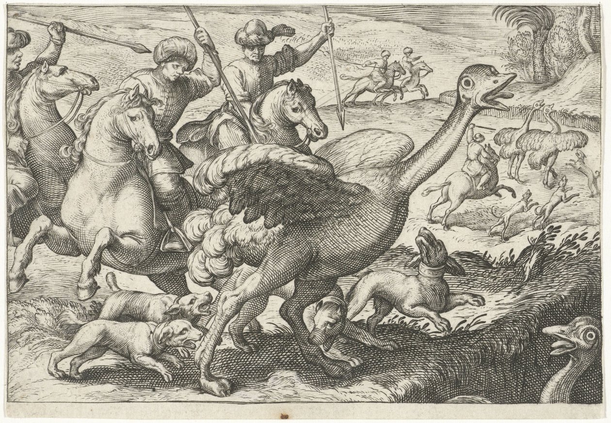 Paisaje con caza de avestruz Escenas de caza (título de la serie) Icones Venantum Species Varias Representantes (título de la serie) de Egbert Jansz.