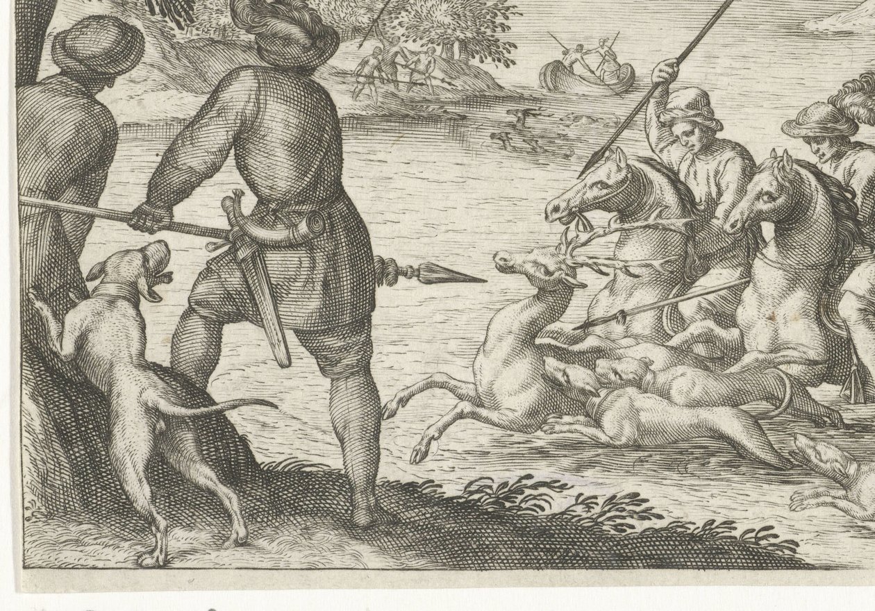 Paisaje fluvial con caza de ciervos. Escenas de caza (título de la serie) Icones Venantum Species Varias Representantes (título de la serie) de Egbert Jansz.