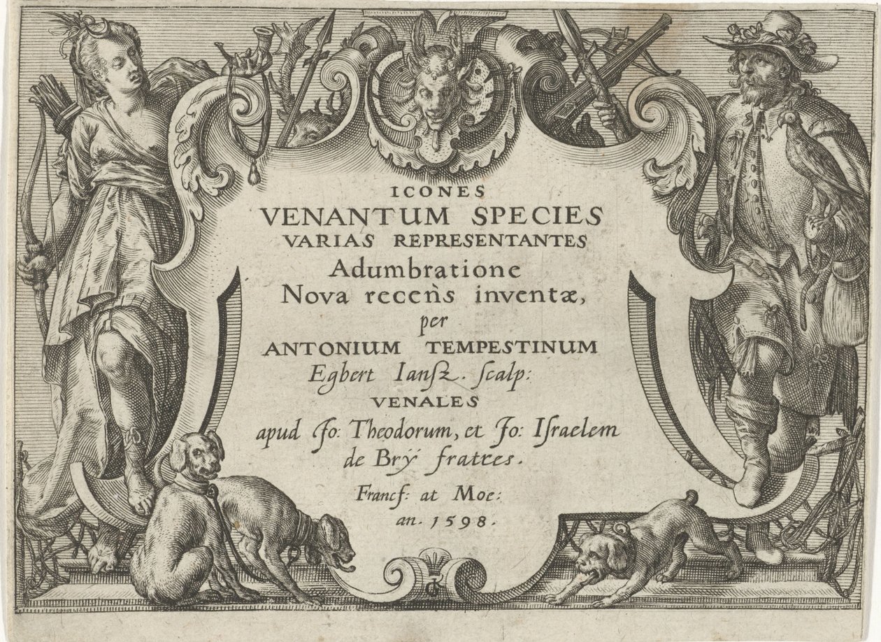 Impresión de título para una serie con escenas de caza. Escenas de caza (título de la serie) Icones Venantum Species Varias Representantes (título de serie en objeto) de Egbert Jansz.