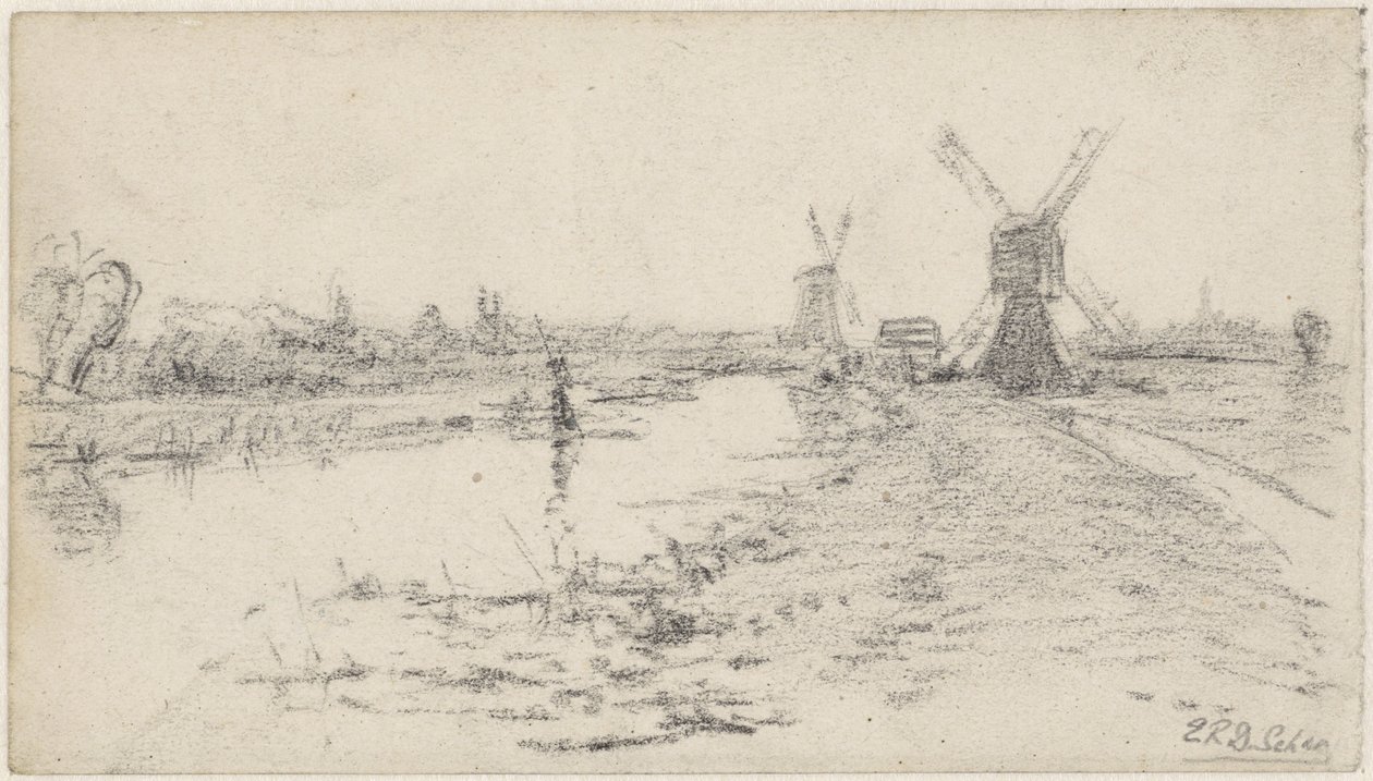 Paisaje con río y dos molinos de viento de Egbert Rubertus Derk Schaap