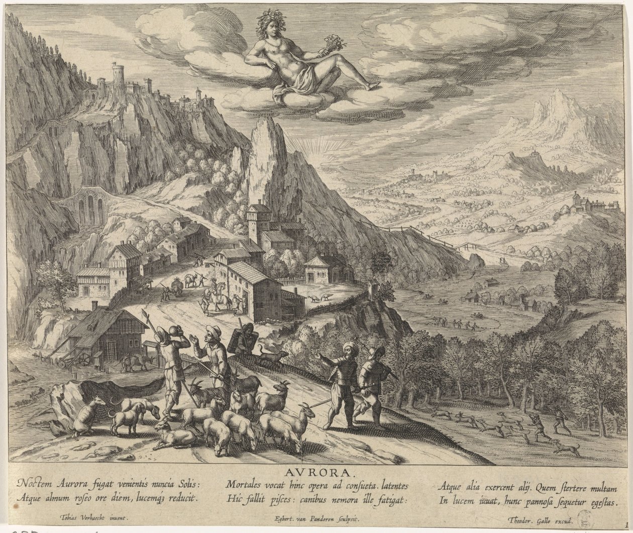 Alegoría del amanecer con personificación de Aurora avrora. (título en el objeto) Cuatro medios días (título de la serie) de Egbert van Panderen