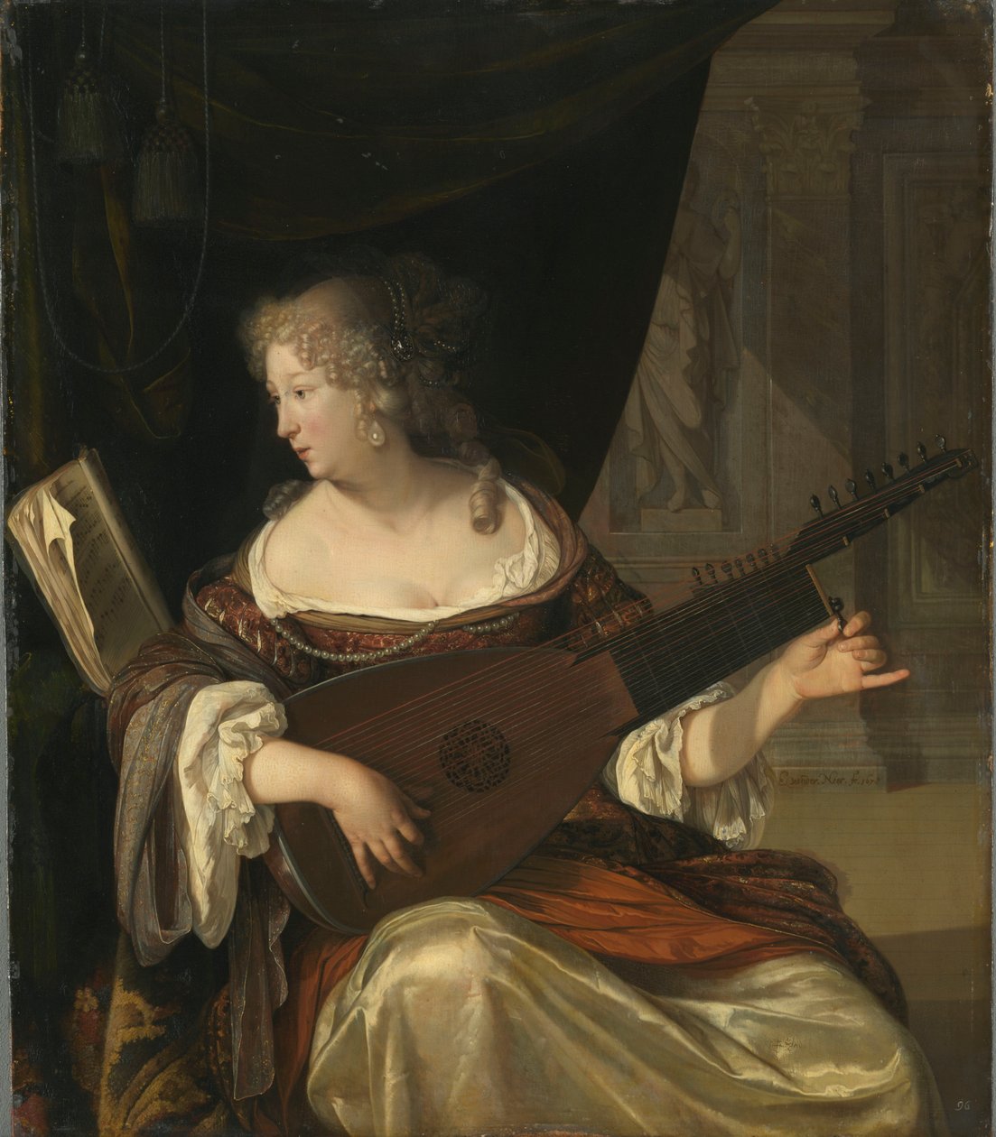 Mujer afinando un tiorba de Eglon van der Neer