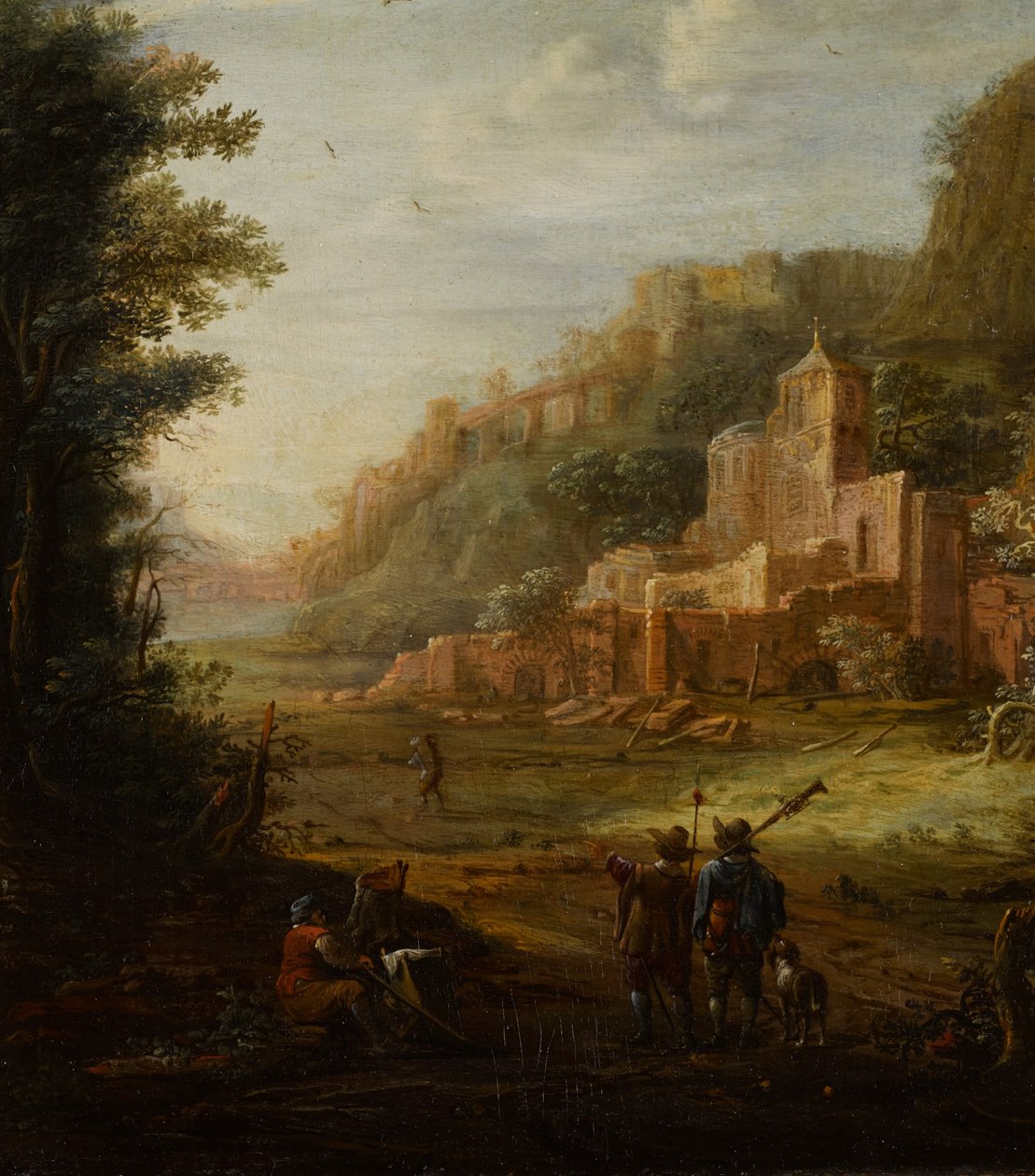 Paisaje boscoso con dos cazadores a la entrada de un valle de Eglon van der Neer