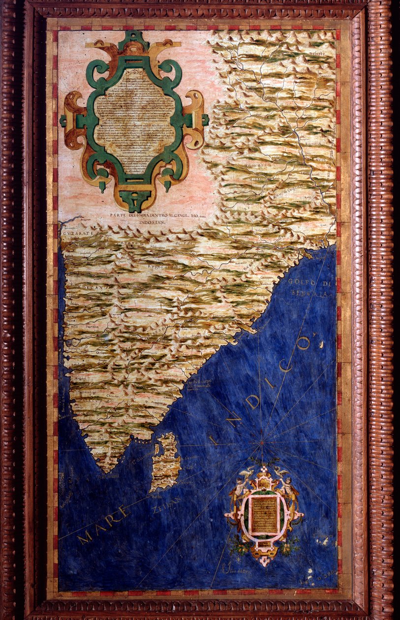 India. Mapa realizado por Egnazio Danti (1536-1586) matemático, cosmógrafo y arquitecto italiano. Alrededor de 1567. Florencia, Palazzo Vecchio, Sala del Mappamondo de Egnazio Danti