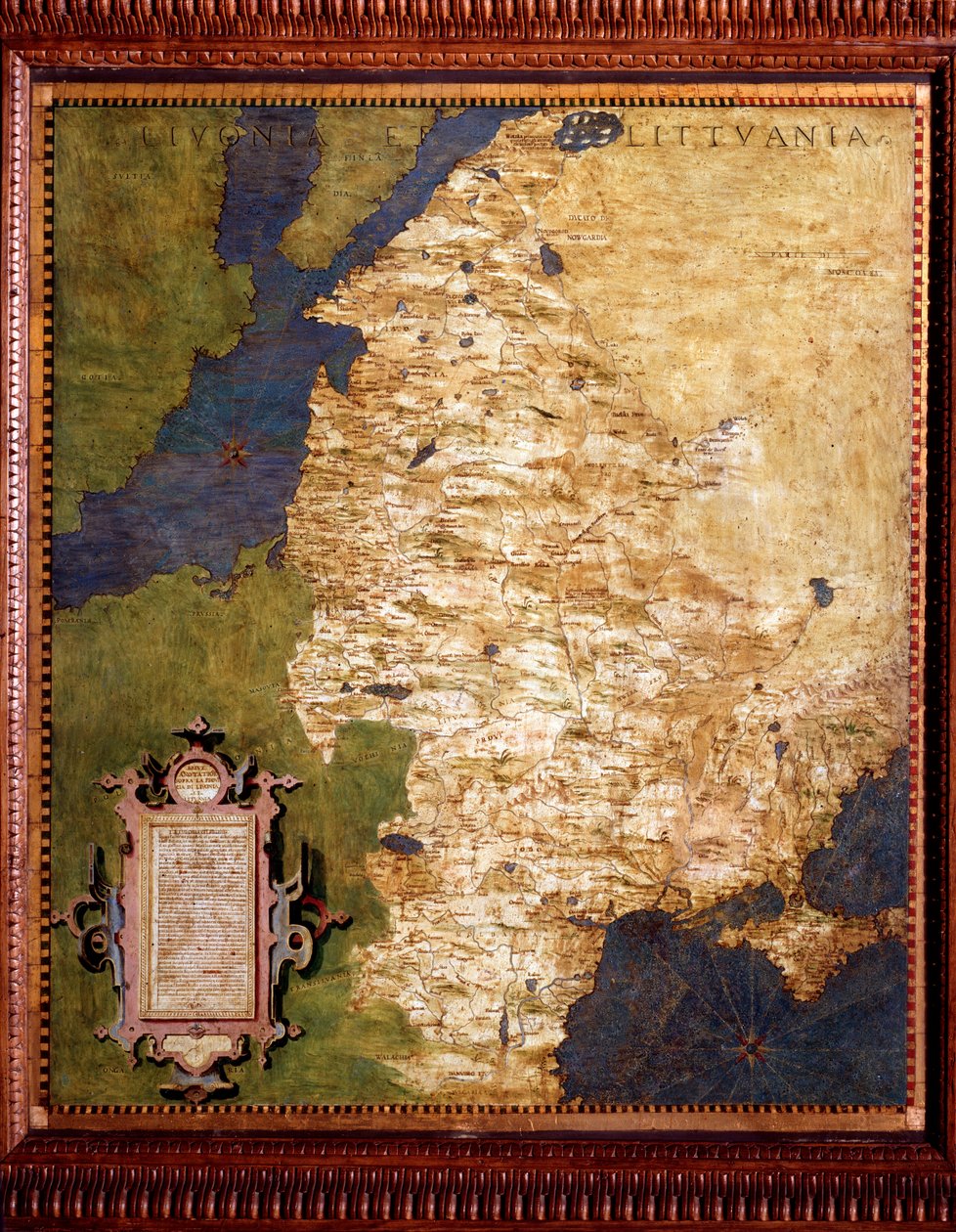 Livonia en el Mar Báltico y Lituania. Mapa realizado por Egnazio Danti (1536-1586) matemático, cosmógrafo y arquitecto italiano. Alrededor de 1567. Florencia, Palazzo Vecchio, Sala del Mappamondo de Egnazio Danti