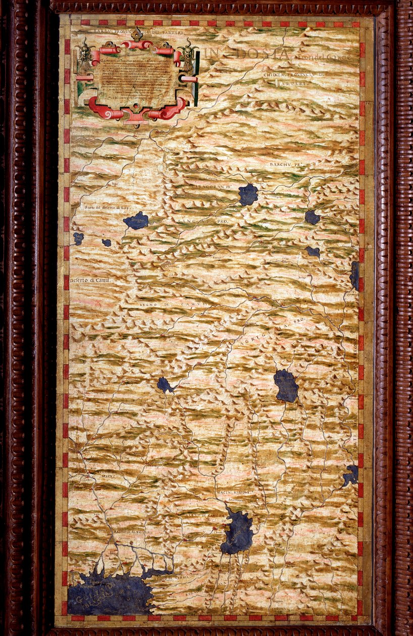 El Indostán en la cima del Ganges. Mapa producido por Egnazio Danti, matemático, cosmógrafo y arquitecto italiano. Alrededor de 1567. Florencia, Palazzo Vecchio, Sala del Mappamondo de Egnazio Danti