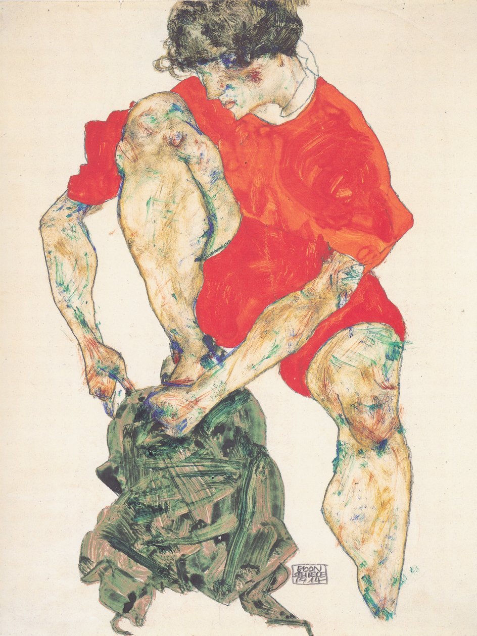 Modelo femenino con vestido rojo de Egon Schiele