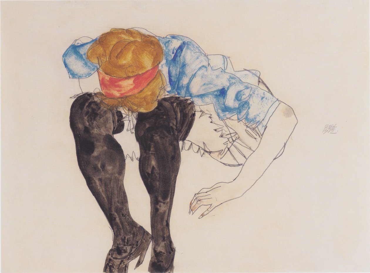 Rubia inclinada con medias negras de Egon Schiele