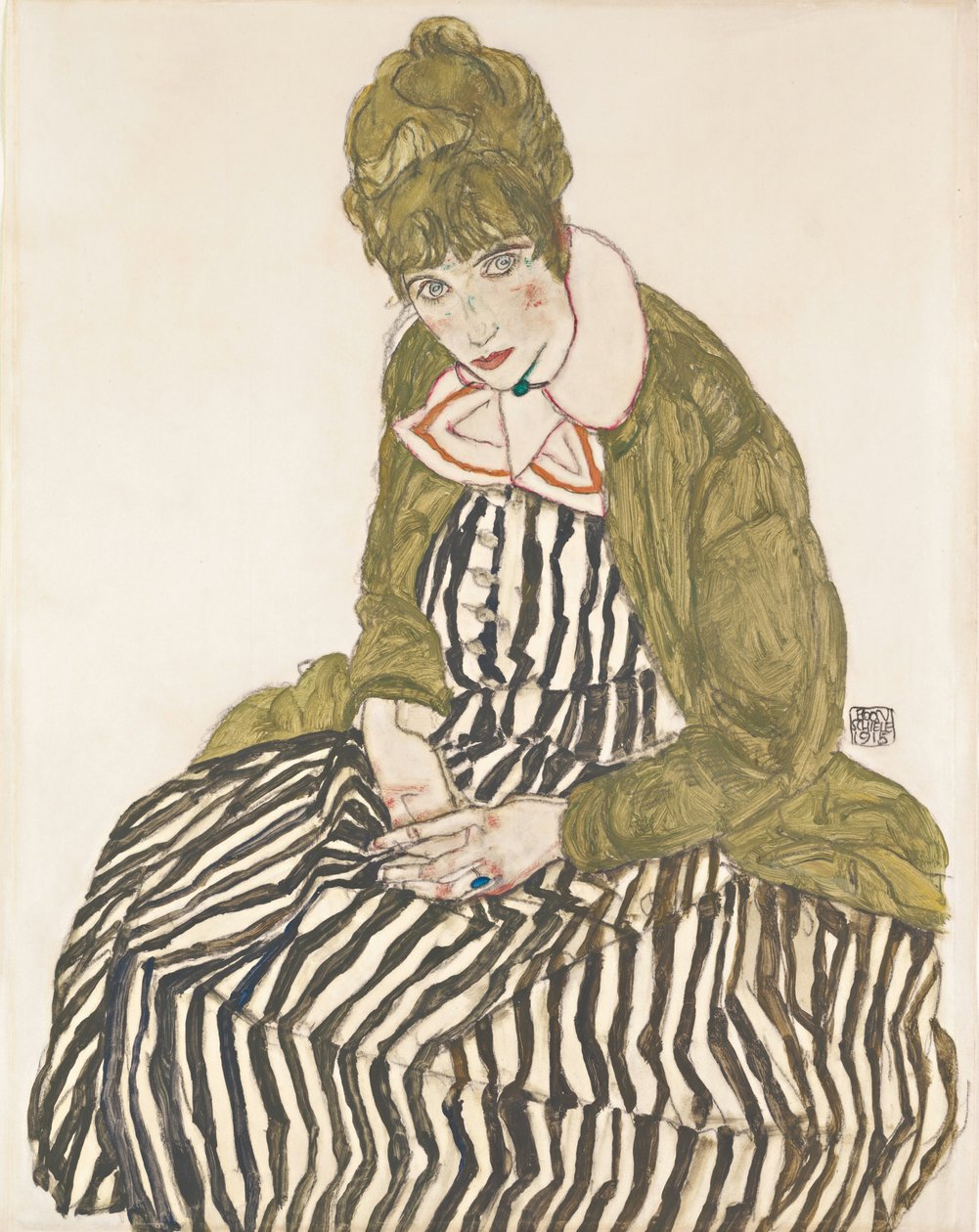 Edith con vestido a rayas, sentada de Egon Schiele