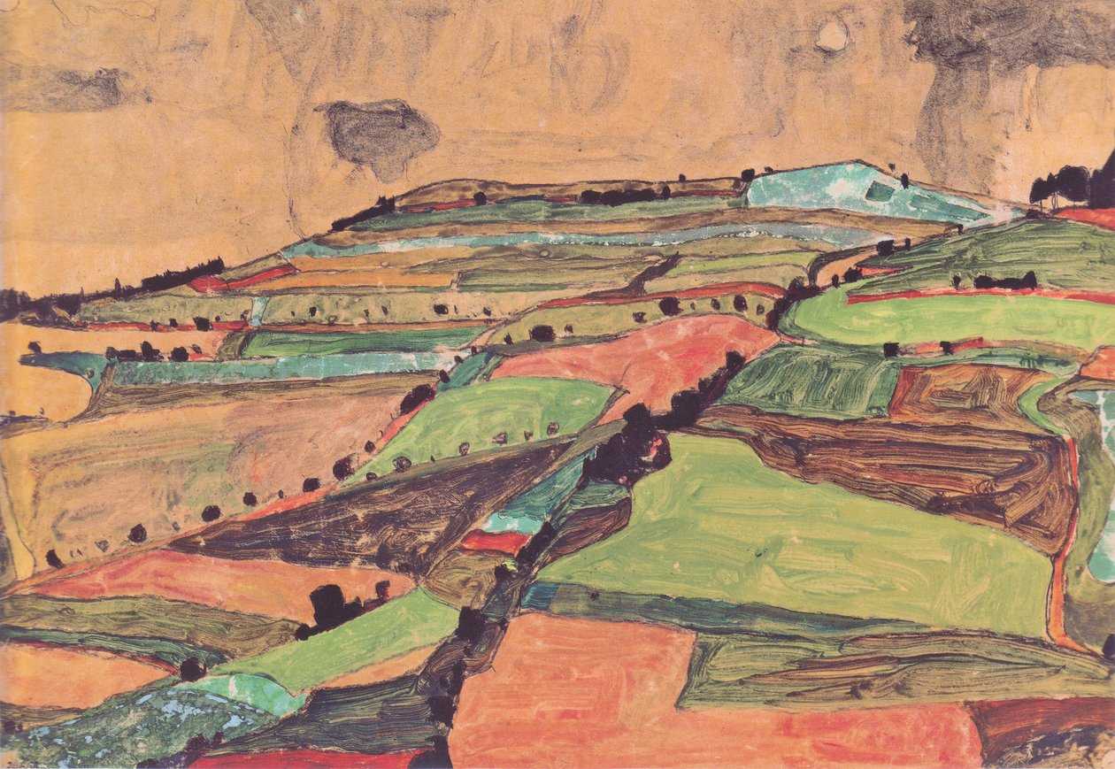 Paisaje de campos (Kreuzberg cerca de Krumau) de Egon Schiele