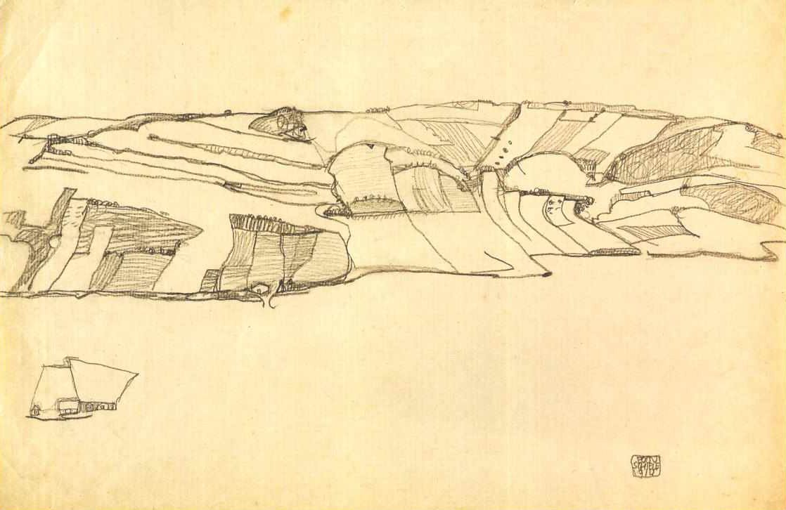 Paisaje de campos de Egon Schiele