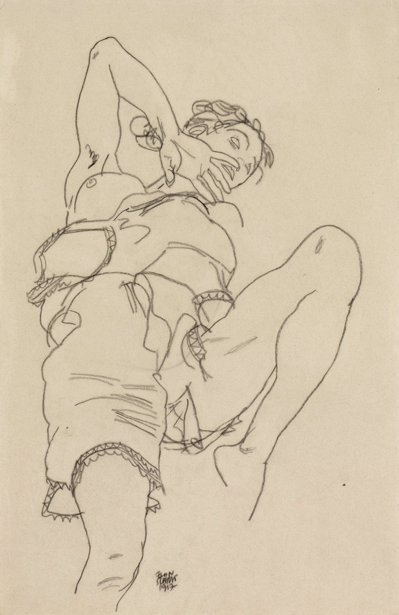 Mujer en ropa interior, reclinada hacia atrás de Egon Schiele
