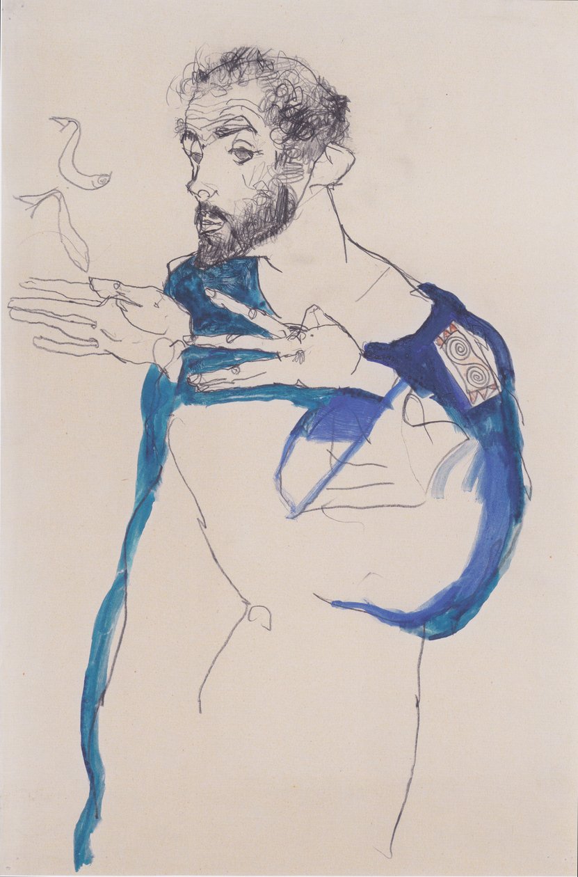 Gustav Klimt con bata azul de pintor de Egon Schiele