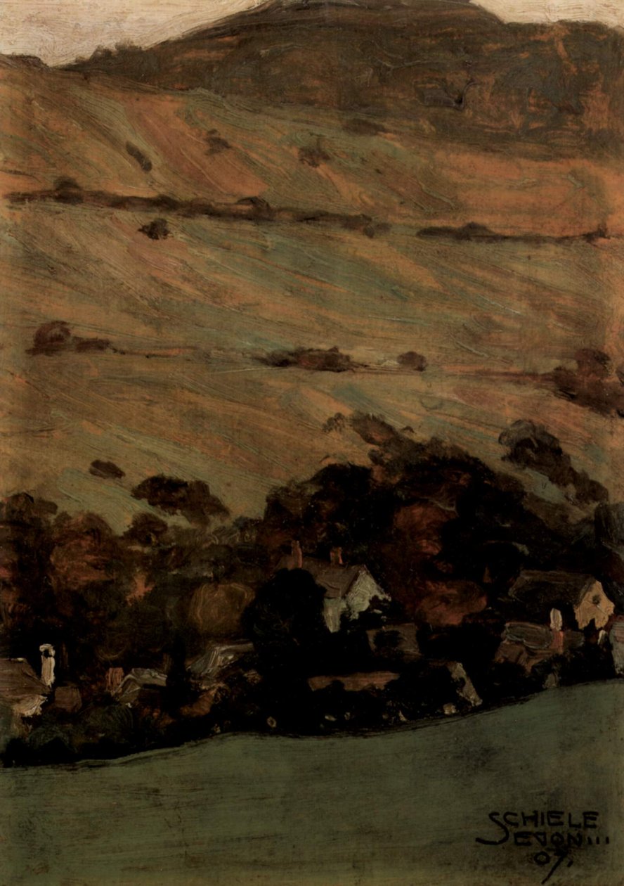 Casas frente a la ladera de Egon Schiele