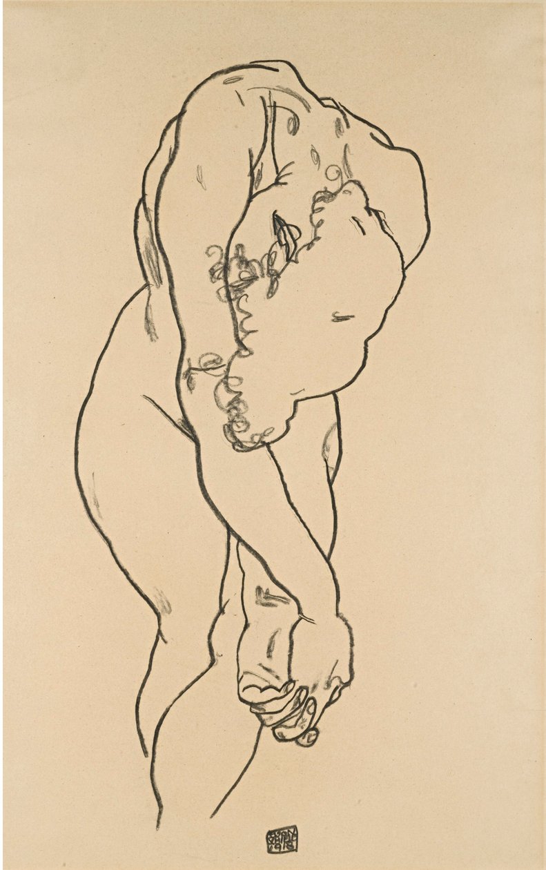 Desnudo agachado con la cabeza inclinada de Egon Schiele
