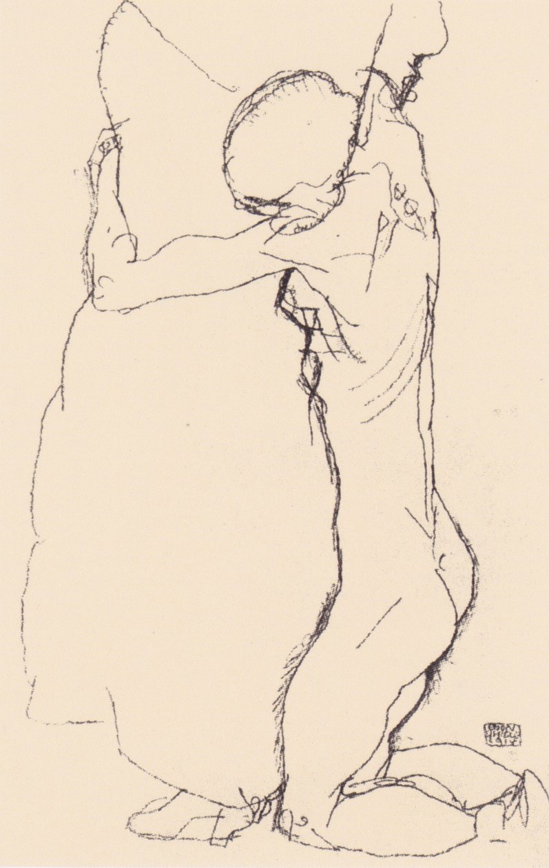 Arrodillada abrazando a una de pie de Egon Schiele