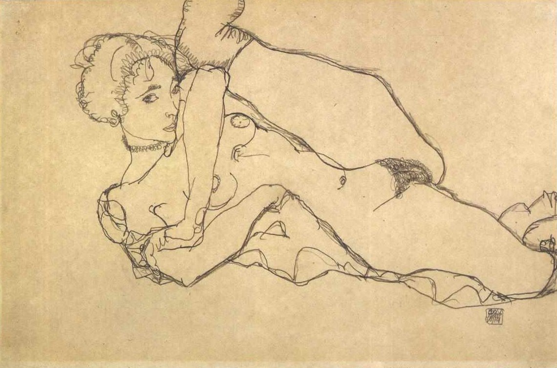 Desnudo acostado con pierna izquierda doblada de Egon Schiele