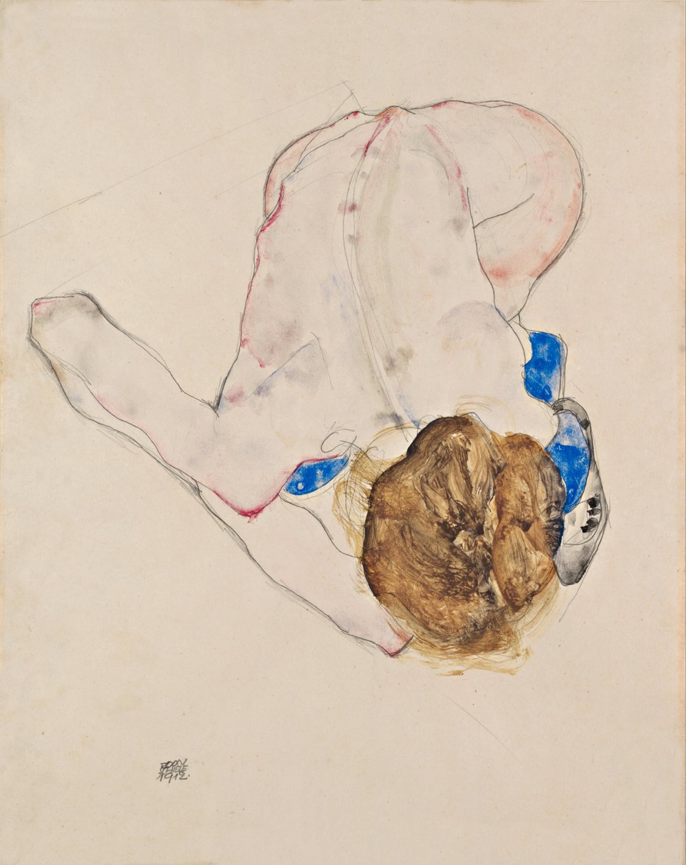 Desnudo con medias azules, inclinado hacia adelante de Egon Schiele