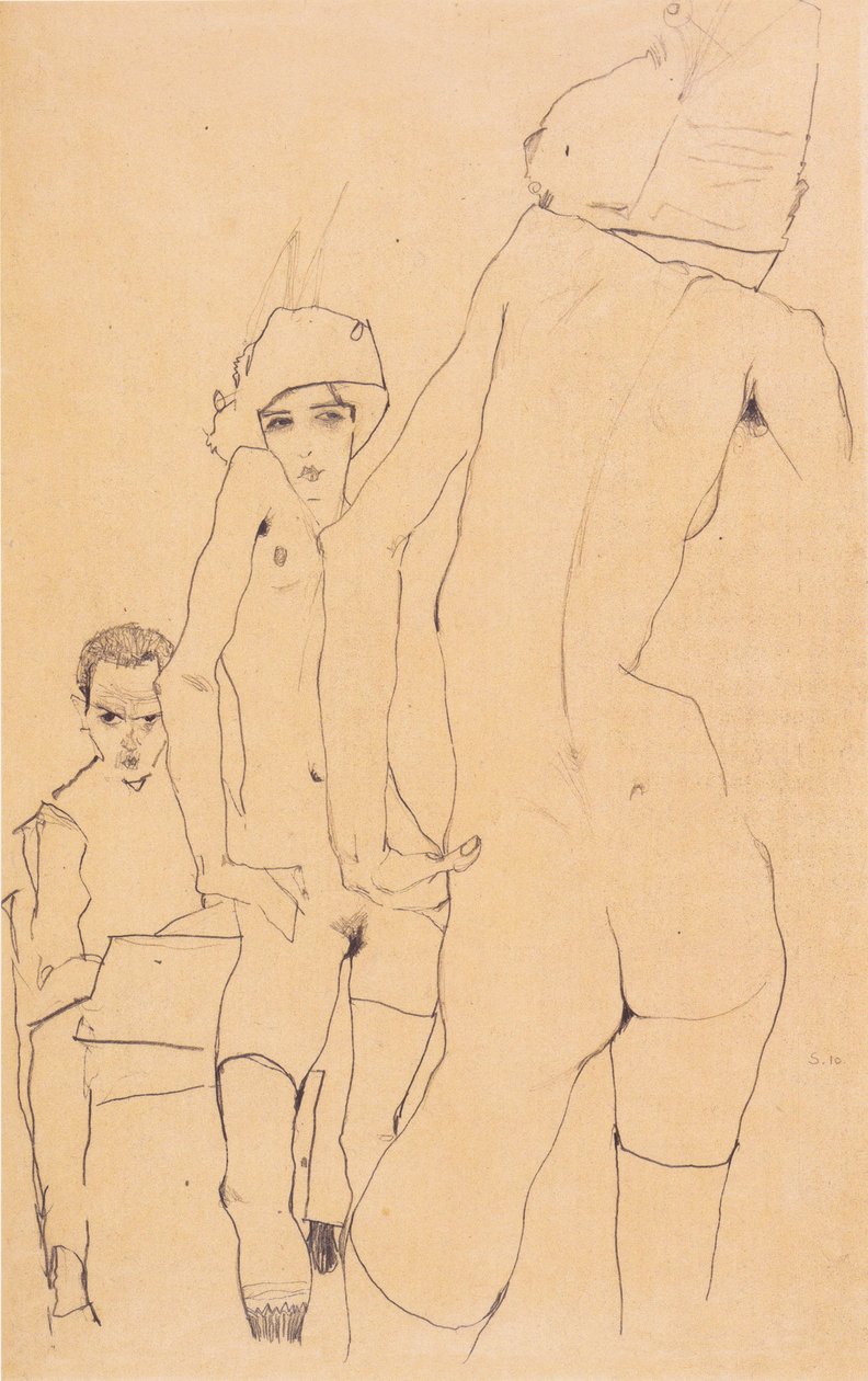 Schiele con modelo desnuda frente al espejo de Egon Schiele
