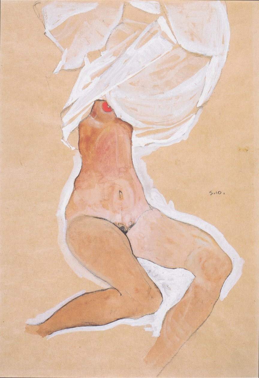 Desnudo de niña sentada con camisa sobre la cabeza de Egon Schiele