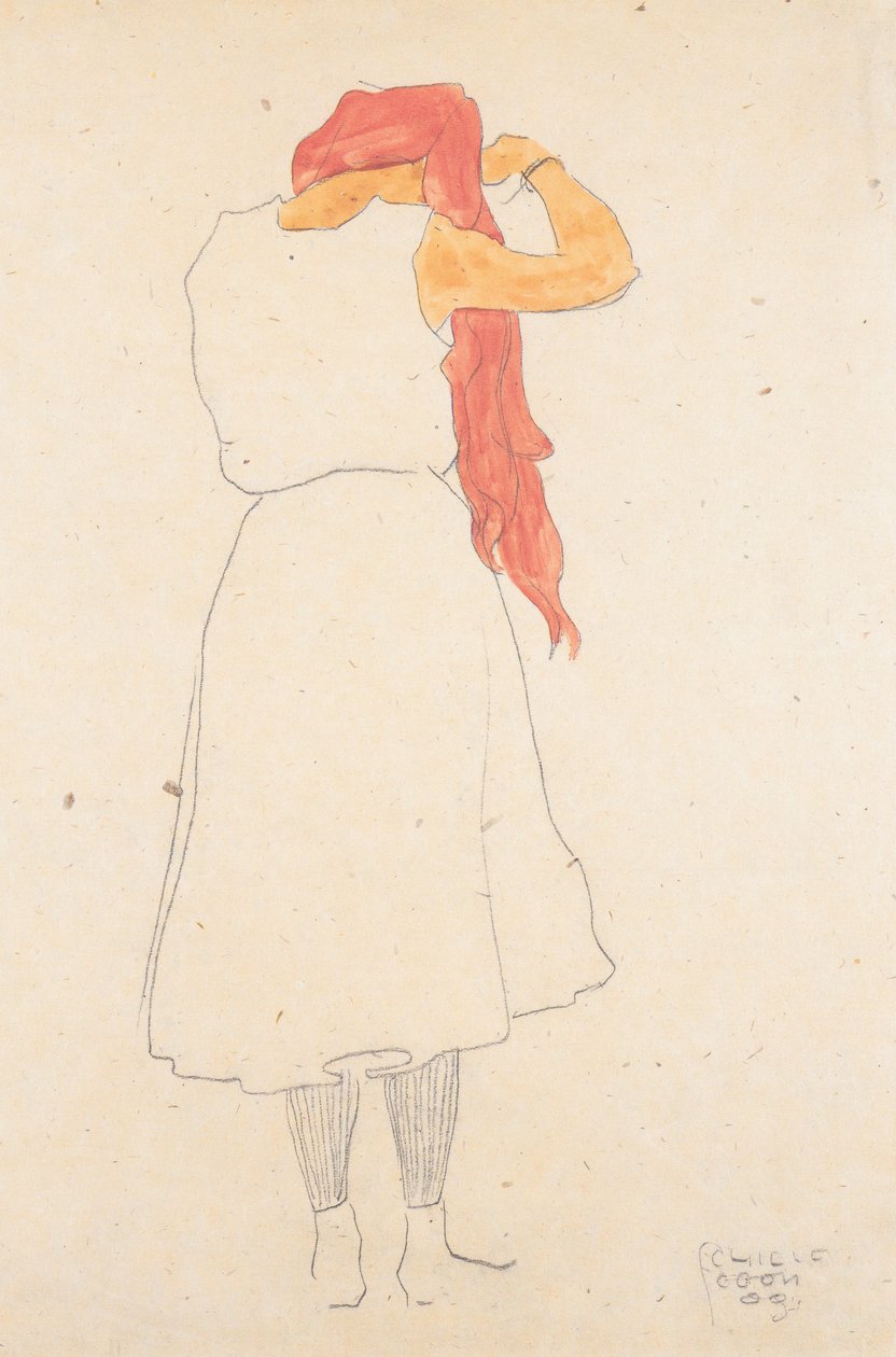 De pie peinándose de Egon Schiele