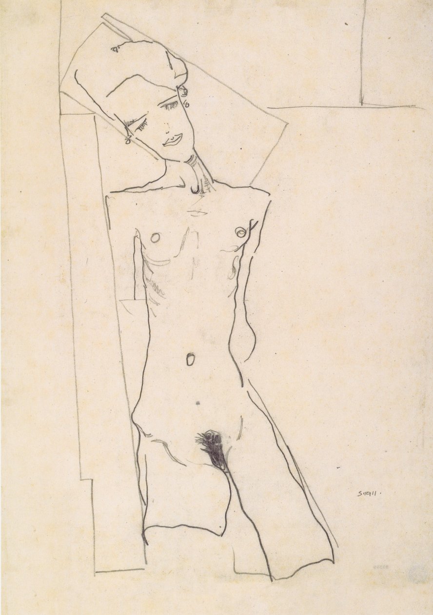 Desnudo femenino de pie frente a formas geométricas de Egon Schiele