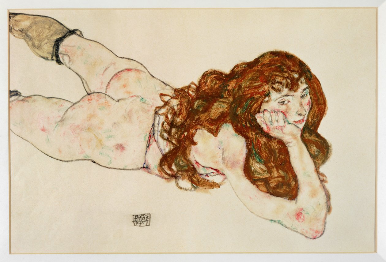 Mujer desnuda tumbada boca abajo - Desnudo sobre ... (gouache y lápiz negro) de Egon Schiele