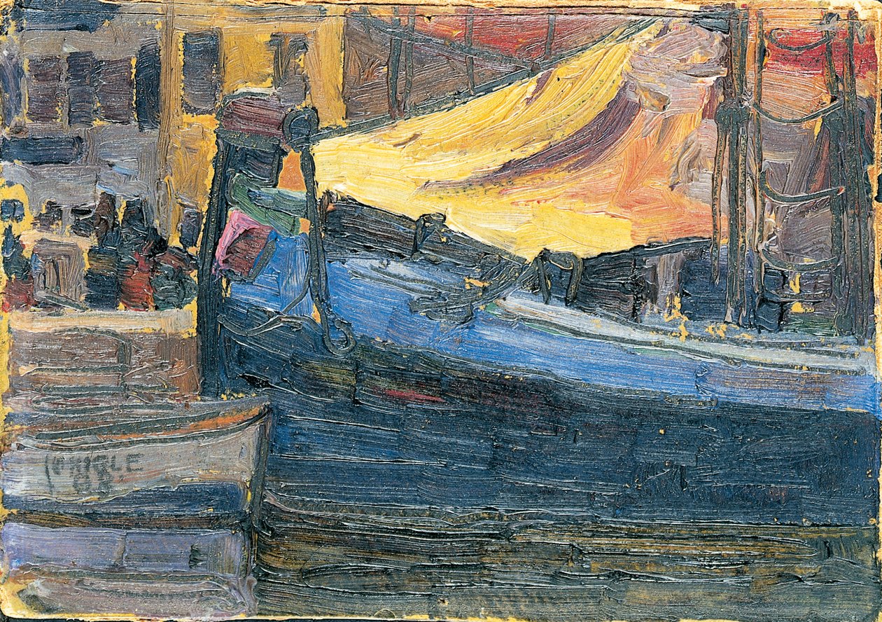 Barcos Anclados con una Pared de Casa en el Fondo, 1908 de Egon Schiele