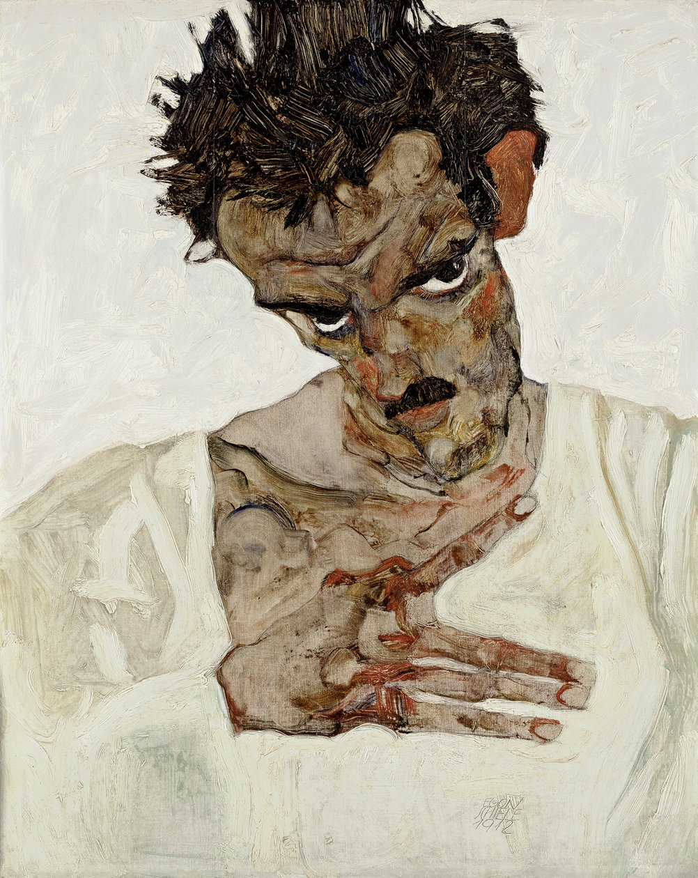 Autorretrato con la cabeza baja. Pintura de Egon Schiele (1890-1918), óleo sobre madera de Egon Schiele