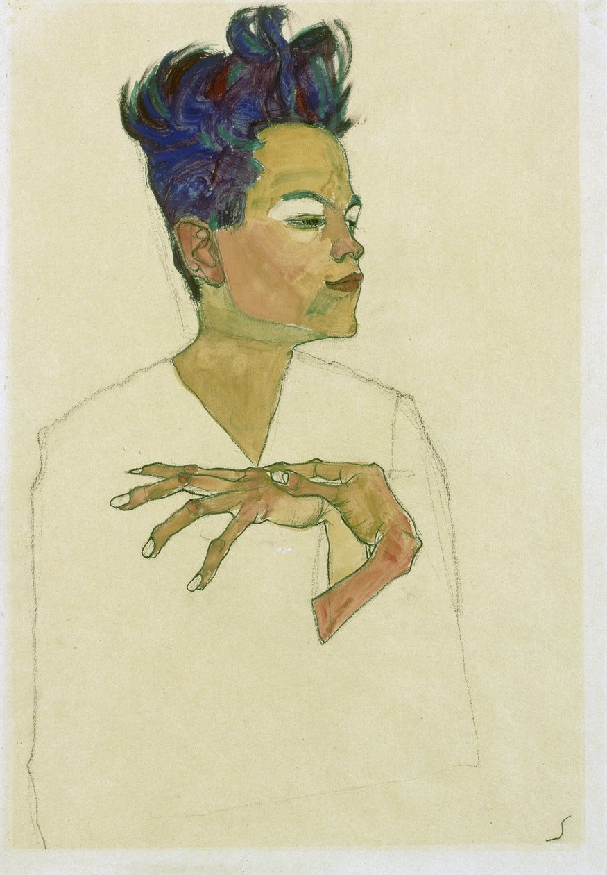 Autorretrato con las manos en el pecho. (Autorretrato Con Las Manos En El Pecho). Obra de Egon Schiele (1890-1918), acuarela y tiza sobre papel de Egon Schiele