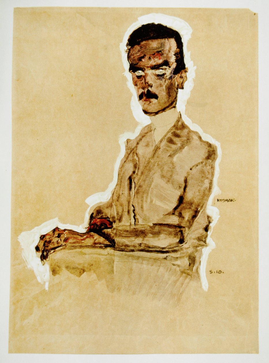 Bildnis Eduard Kosmack, sitzend -Retrato de Eduard ... (gouache, acuarela y lápiz negro con realce blanco) de Egon Schiele