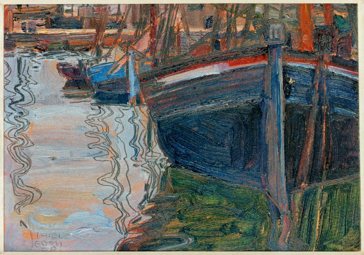 Boats, sich im Wasser spiegelnd [Barcos en el agua ... de Egon Schiele
