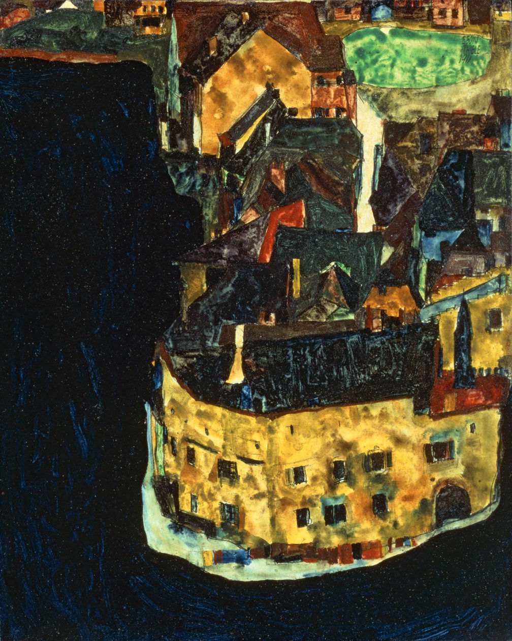 Ciudad sobre el río Azul II ... (óleo y gouache sobre madera) de Egon Schiele
