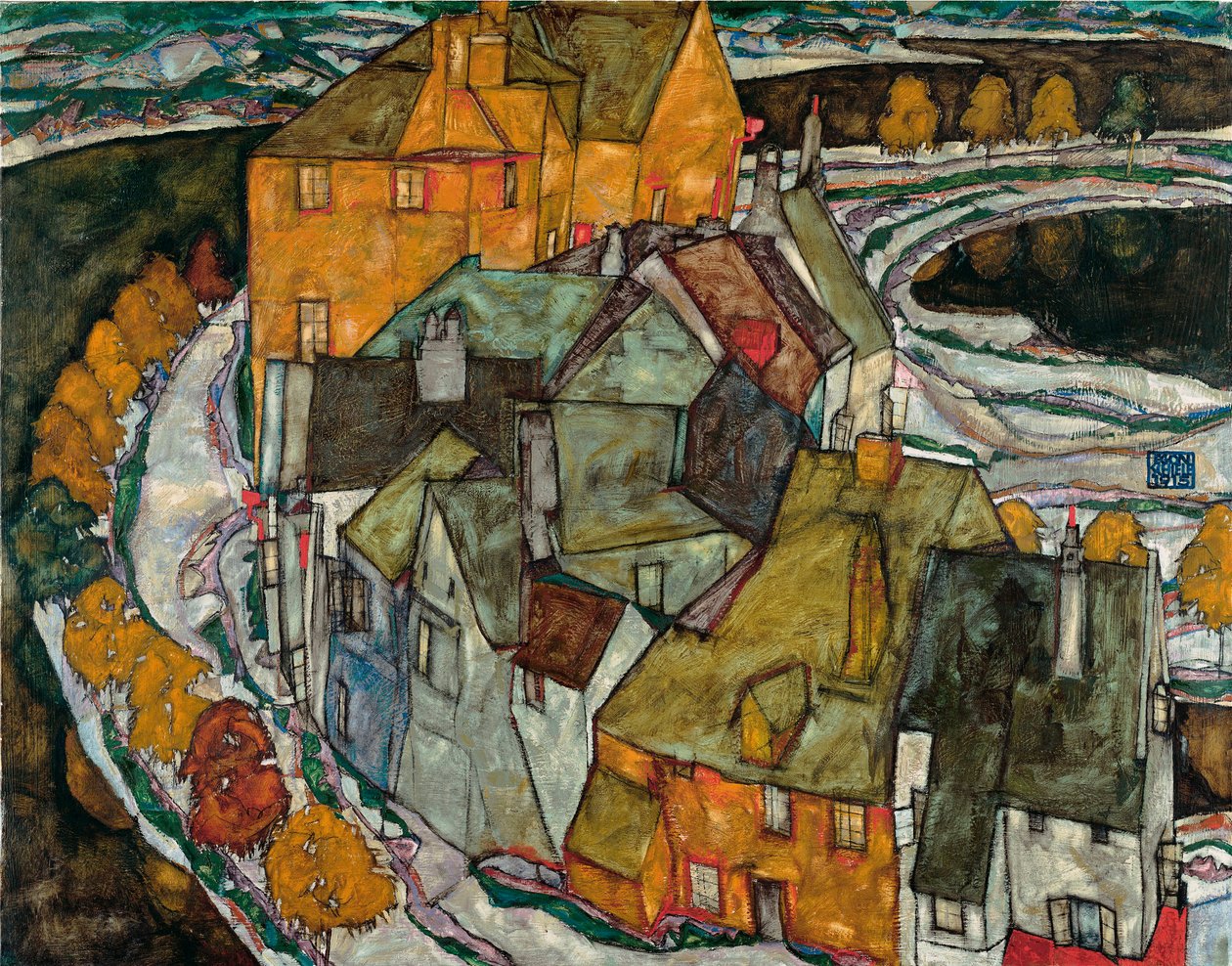 Crescent of Houses II (Island City) - Pintura de Egon Schiele (1890-1918), óleo sobre lienzo de Egon Schiele