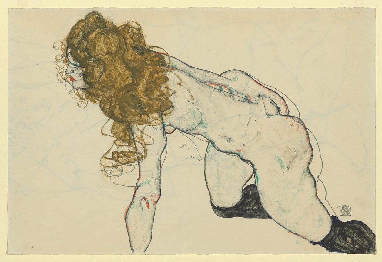 Desnudo femenino agachado con el pelo rubio y el brazo izquierdo apoyado (anverso) de Egon Schiele