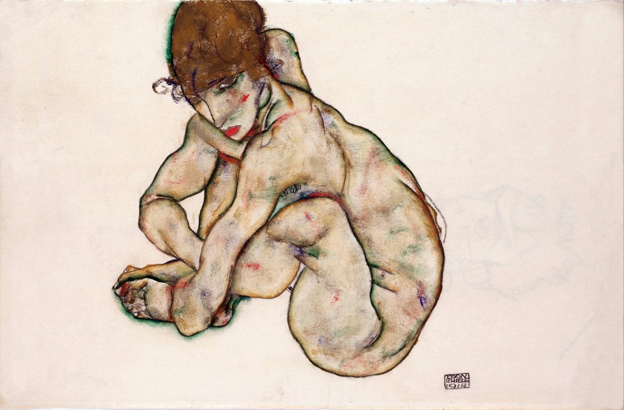 Chica desnuda agazapada - Schiele, Egon (1890-1918) - 1914 - Gouache sobre Papel, Tiza negra - 31,5x48,2 - Museo Leopold, Viena de Egon Schiele