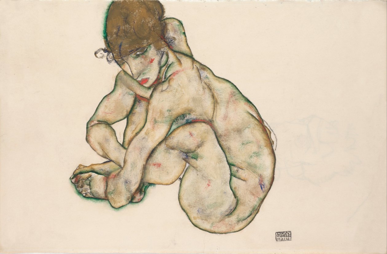Chica desnuda agachada, 1914 de Egon Schiele