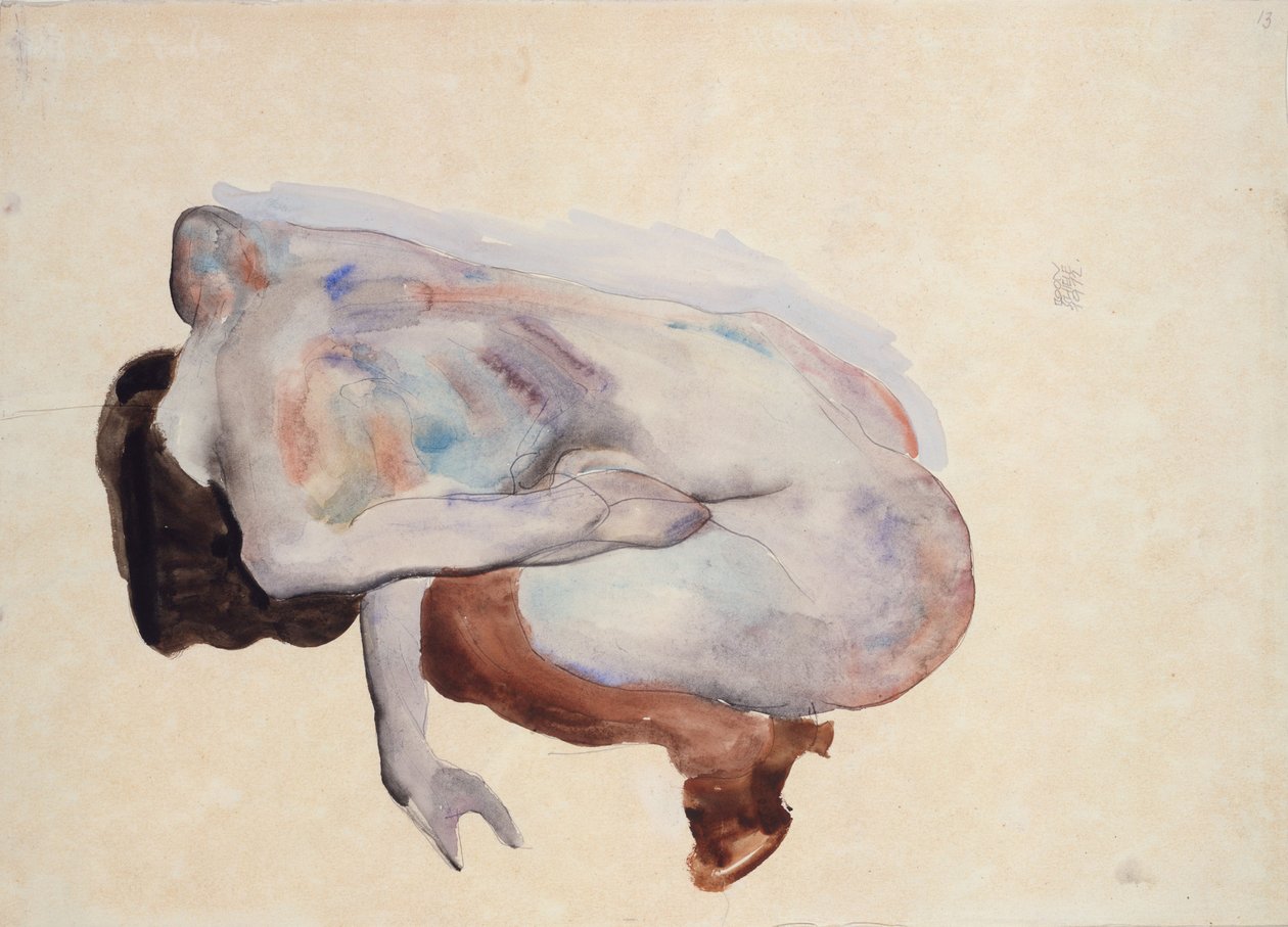 Desnudo agachado con zapatos y medias negras, vista trasera de Egon Schiele