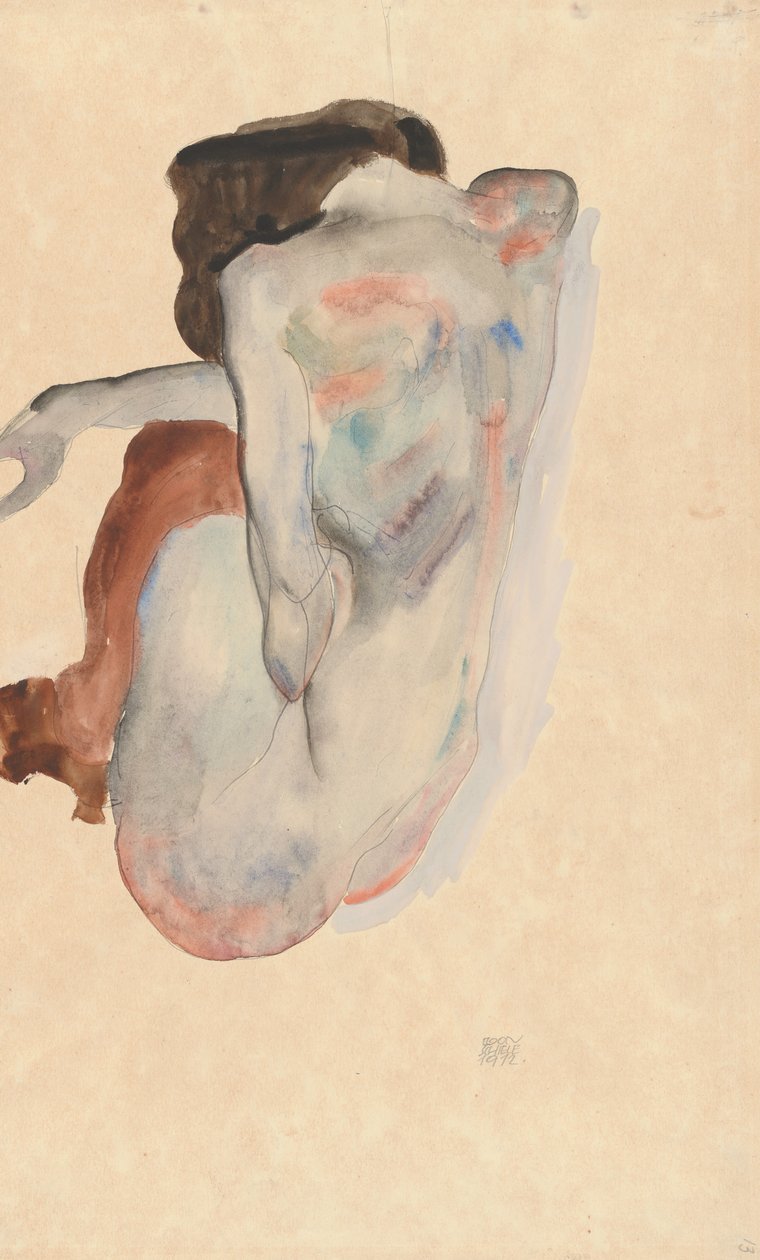 Desnudo agachado con zapatos y medias negras, vista trasera, 1912 de Egon Schiele