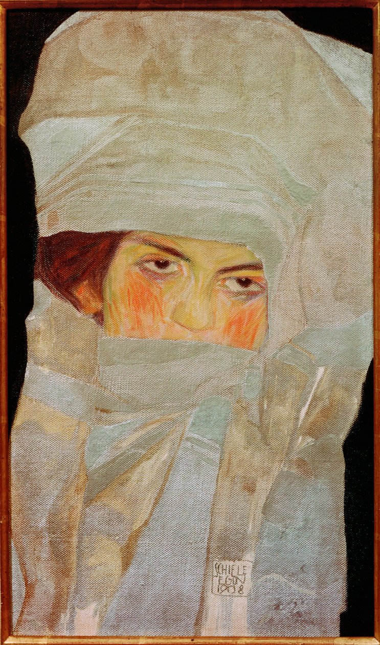 La hermana de la artista, Melanie, con pañuelos plateados ... de Egon Schiele