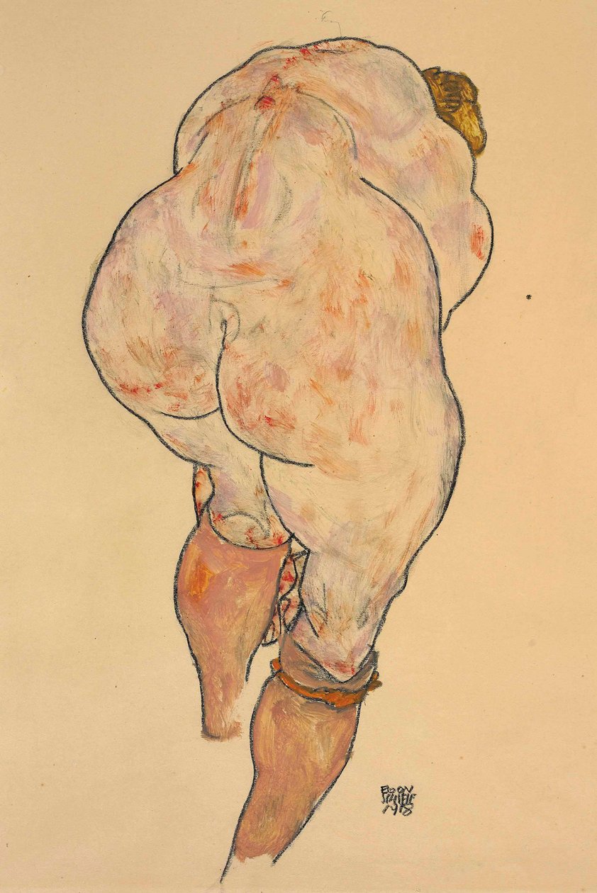 Desnudo femenino subiendo medias, vista trasera, 1918 de Egon Schiele