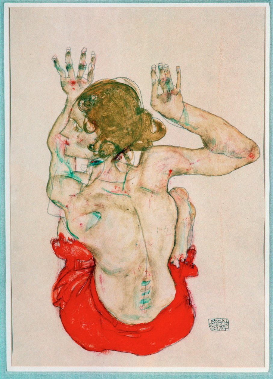 Desnudo femenino sentado sobre drapeado rojo, vista posterior (gouache, acuarela y lápiz) de Egon Schiele
