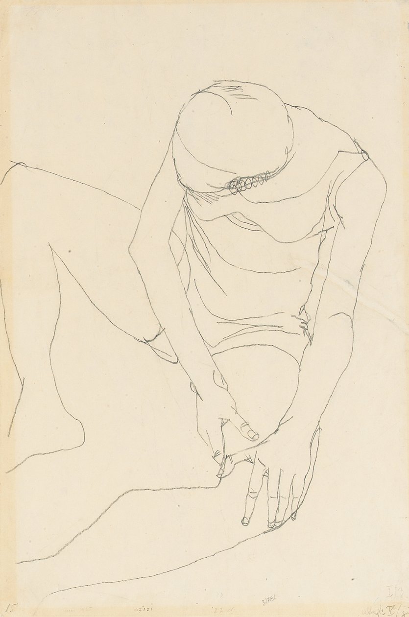 Desnudo femenino inclinado hacia adelante, ambas manos en el muslo izquierdo, 1913 de Egon Schiele