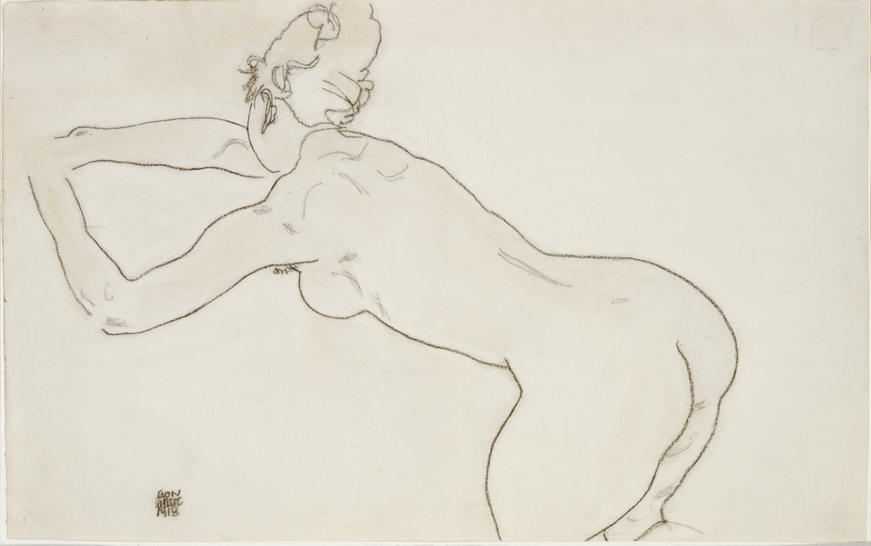 Desnudo femenino arrodillado e inclinado hacia la izquierda, 1918 de Egon Schiele