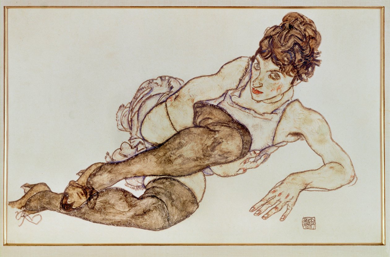 Mujer con medias marrones - Mujer ... (gouache y lápiz negro) de Egon Schiele