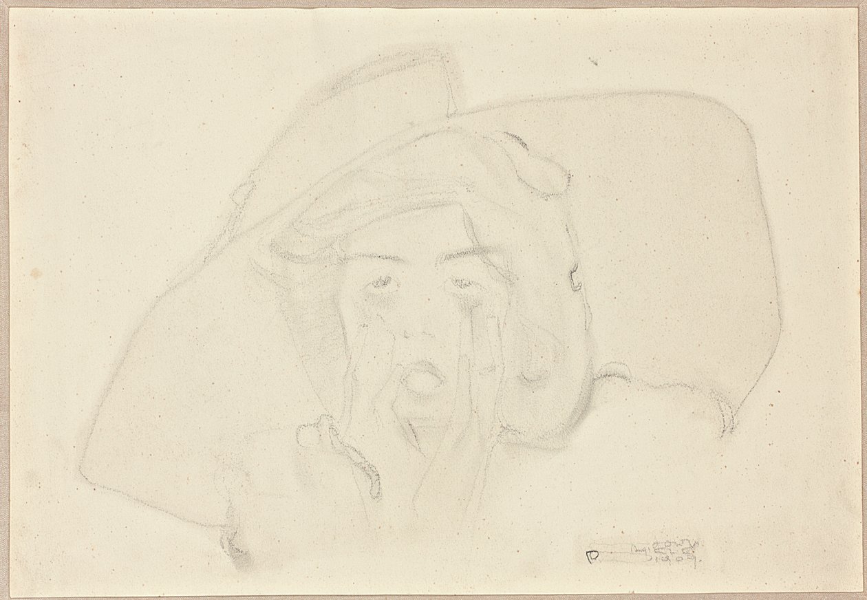 Cabeza de una joven gritando con un gran sombrero, barbilla apoyada en las manos de Egon Schiele